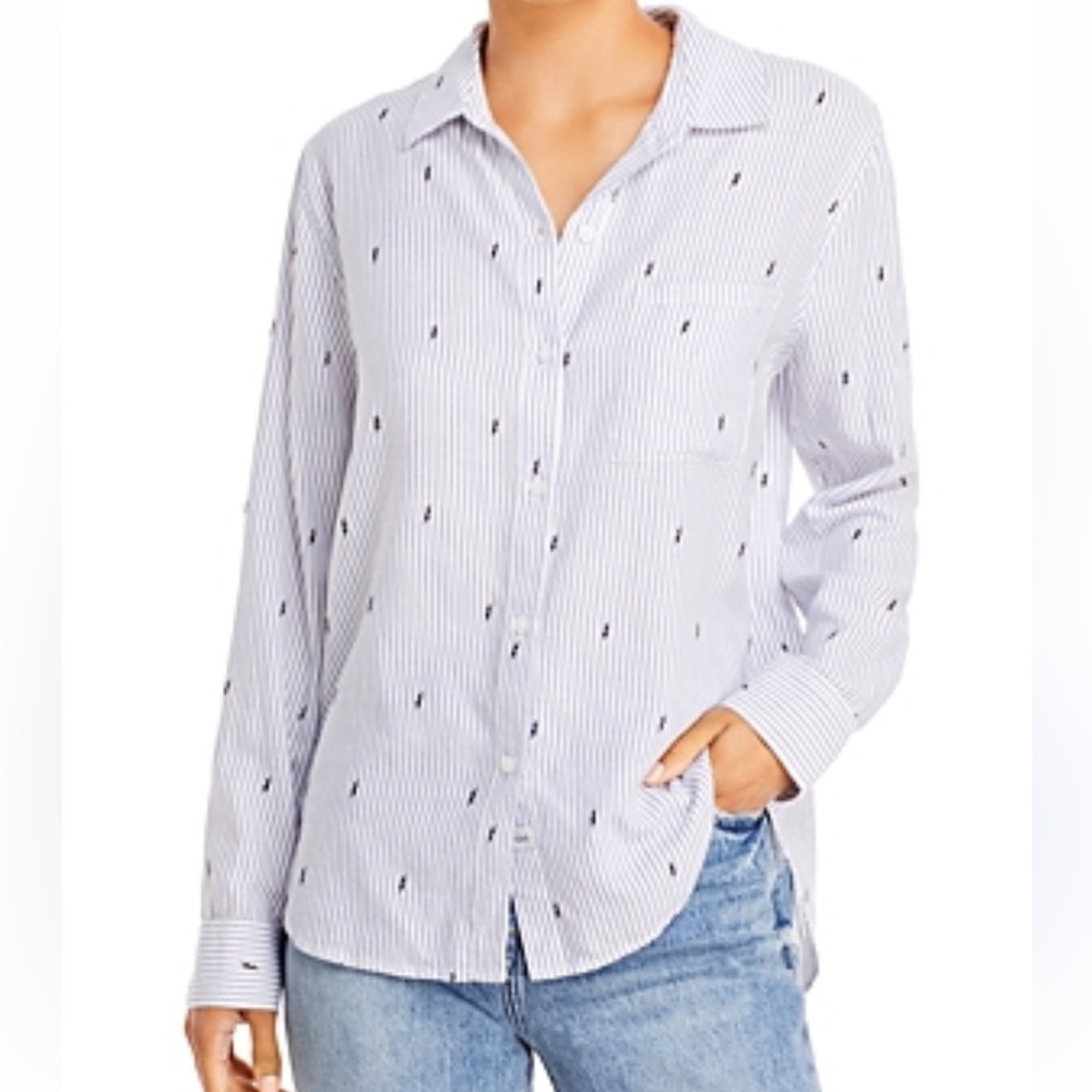 Rails Blue and White Striped Shirt with black lightening bolt pattern